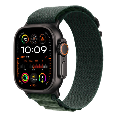 Apple Watch Ultra 2 (2024), 49 мм корпус из титана цвета «Black», ремешок Alpine Loop размера L цвета «Dark Green»