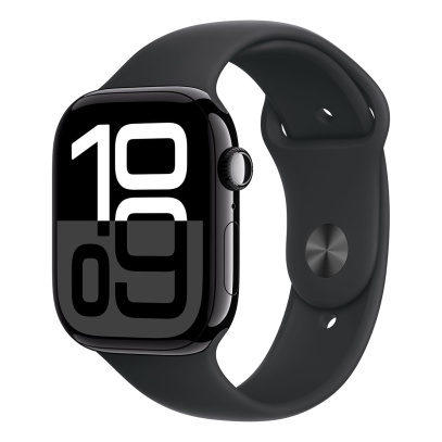 Apple Watch Series 10, 46 мм корпус из алюминия цвета «Jet Black», ремешок Sport Band размера S/M цвета «Black»