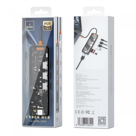 Хаб WiWU Cyber hub 7в1 USB3.0*3+SD/TF(3.0)+HDMI(4K30)+PD (CB007) Серый космос