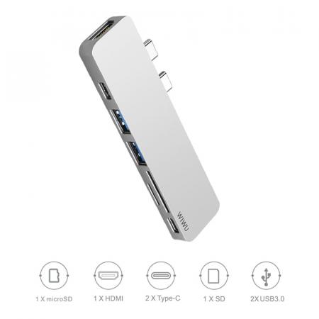 Хаб WiWU 2*USB3.0+2*Type-C+HDMI+SD+TF (T8) Серый