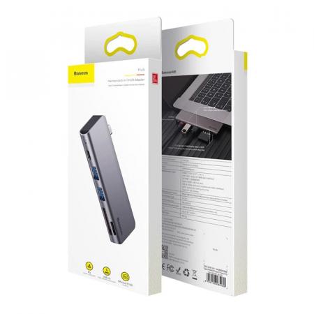 Переходник Baseus для MacBook HUB Harmonica 5в1 (PD/SD/TF/USB 3.0*2) (CAHUB-K0G) Deep Grey, тёмно-серый